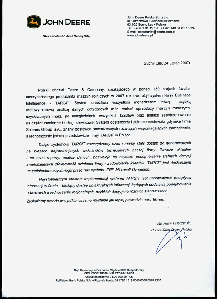 John Deere x Solemis list referencyjny